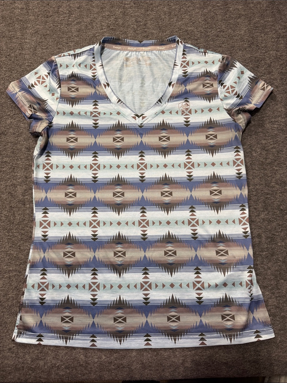 Ariat Aztec V-Neck Short Sleeve‎ Tee in Light Blue & Brown
